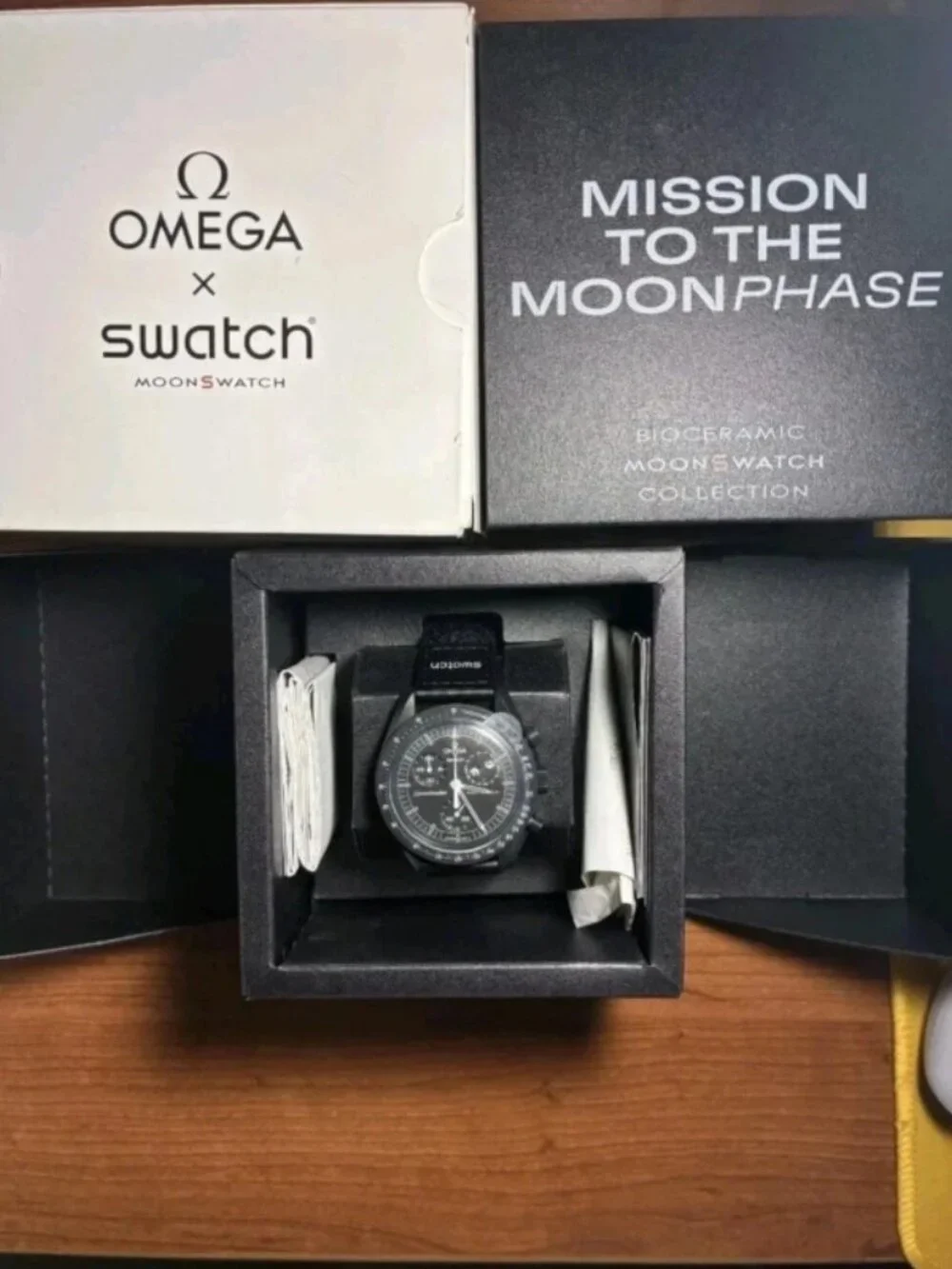 Omega x Swatch Speedmaster Mission to the Moon Black Chronograph Watch.